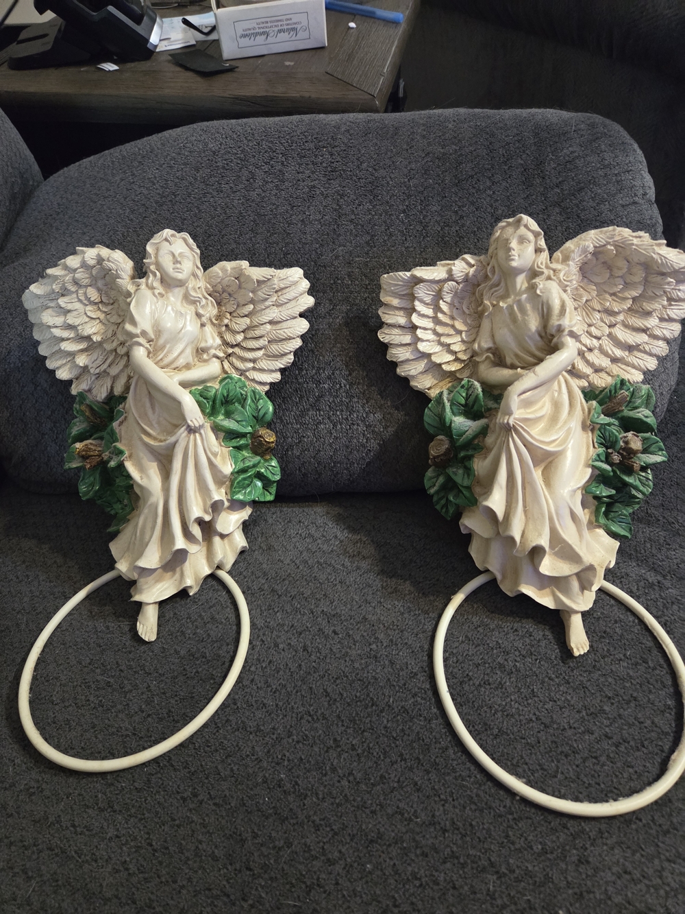 Pair of Cream Angel Wall Hangings with Green Floral Accents Towel Hangers
